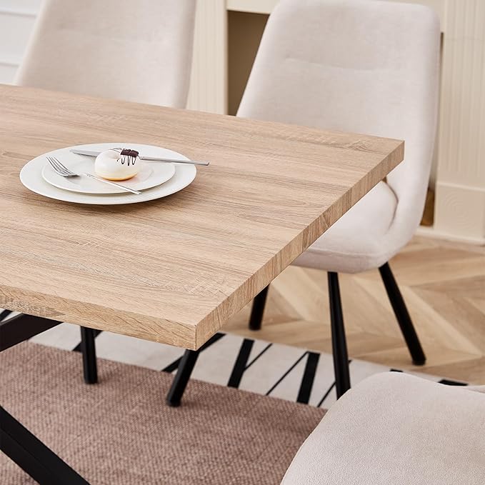 55.1 Inch Dining Table for 4 6 People Rectangular Wooden Kitchen Tables Mid Century Modern Dinner Table Long Dinning Room Table with Metal Cross Legs for Kitchen Living Room Comedor(Natural)