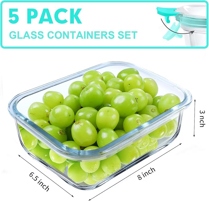VERONES 5 Pack 36 OZ Glass Meal Prep Containers, Airtight Glass Lunch Containers Set, Glass Food Storage Containers with Lids,Exclusive of BPA, for Microwave, Oven, Freezer & Dishwasher Friendly,Green