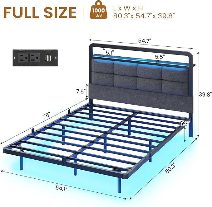 Hasuit Full Floating Bed Frame with Charging Station and LED Lights, Full Size Bed Frame with Wood Storage Headboard, Grey Upholstered Platform Bed, No Box Spring Needed, Noise Free, Easy Assembly