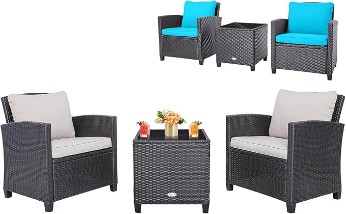 Tangkula 3 Pieces Patio Furniture Set, PE Rattan Wicker 3 Pcs Outdoor Sofa Set w/Washable Cushion and Tempered Glass Tabletop, Conversation Furniture for Garden Poolside Balcony (Beige/Turquoise)