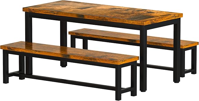 AWQM 43.3" Dining Table Set for 4, Kitchen Dining Table with 2 Benches, Dining Room Table Set with Metal Frame & Thickened Board for Kitchen, Restaurant, Rustic Brown
