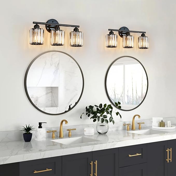 Modern 3 Light Crystal Vanity Light, Plating Black Vertical Bathroom Light Fixture Over Mirror for Dressing Table Sink, Compatible with Dimmable Bulbs (Bulbs Not Included)