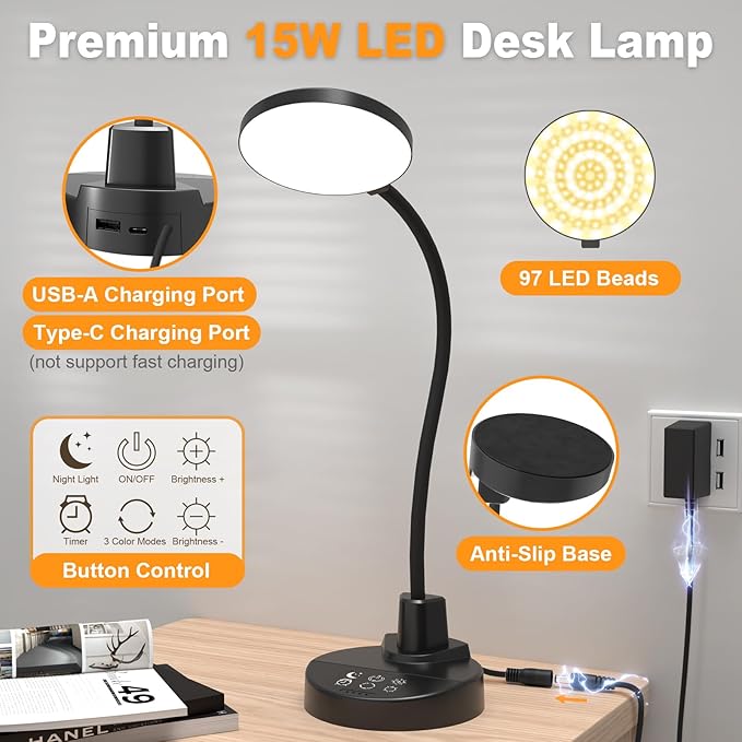 15W LED Desk Lamp with USB Charging Ports – Dimmable Table Lamp with 3 Color Temps, 5 Brightness, 4 Timers, Flexible Gooseneck Light with Base, Eye-Caring Reading Light for Home Office, Bedroom, Study