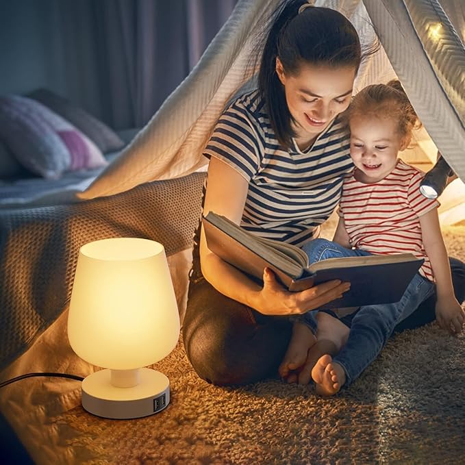 Touch Bedside Table Lamp - Modern Small Lamps for Bedroom Living Room Nightstand, Desk Lamps with White Opal Glass Lamp Shade, Warm LED Bulb, 3 Way Dimmable, Bulb Included