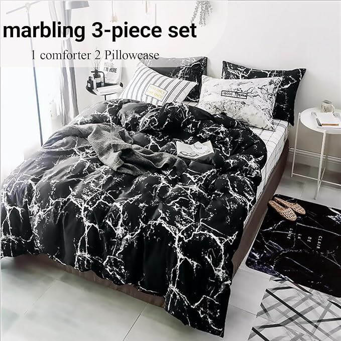 Black Marble Comforter Set King Size 3-Piece Bedding Set with 1 Soft Comforter and 2 Pillowcases Modern Luxury Style All Season for Cozy Sleep