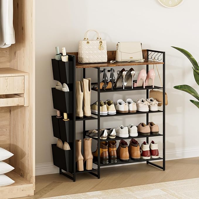 Brown 5-Tier Shoe Organizer - Free Standing Shoe Rack with Storage Bag for High Heels, Entryway, Hallways, Closets, Dormitory Rooms