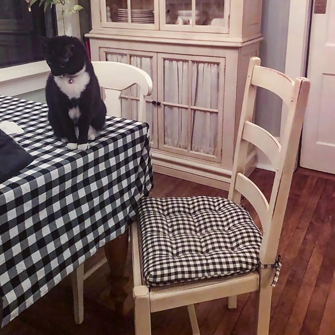 Barnett Home Decor Farmhouse Check Black and White Dining Chair Pad with Ties - 16.5 x 18 Size Medium Chair Cushion - Latex Foam Fill - 100% Cotton, Made in USA - (Black White)
