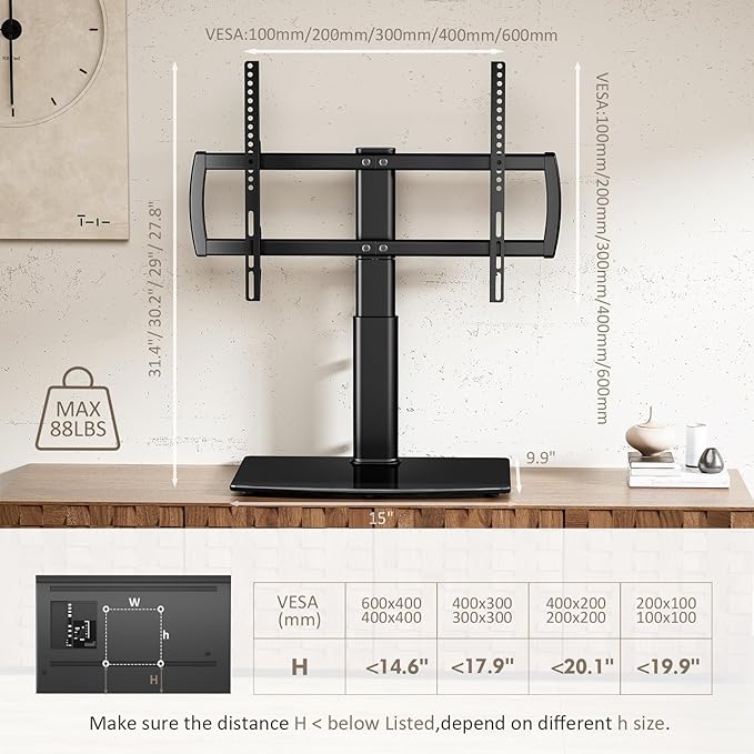 Universal Swivel TV Stand/Base Table Top TV Stand 32 to 65 inch TVs 80 Degree Swivel, 4 Level Height Adjustable, Heavy Duty Tempered Glass Base, Holds up to 88lbs Screens, HT04B-002