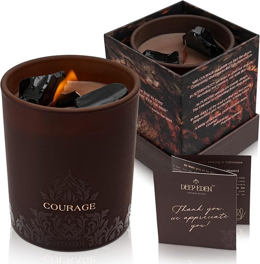 Empowerment Crystal Candle, 7.4 Oz, Brown - Forest Mahogany Scented Candle - Candles for Men with Wooden Wick, Black Tourmaline, Essential Oils & Premium Botanical Soy, Coconut and Beeswax