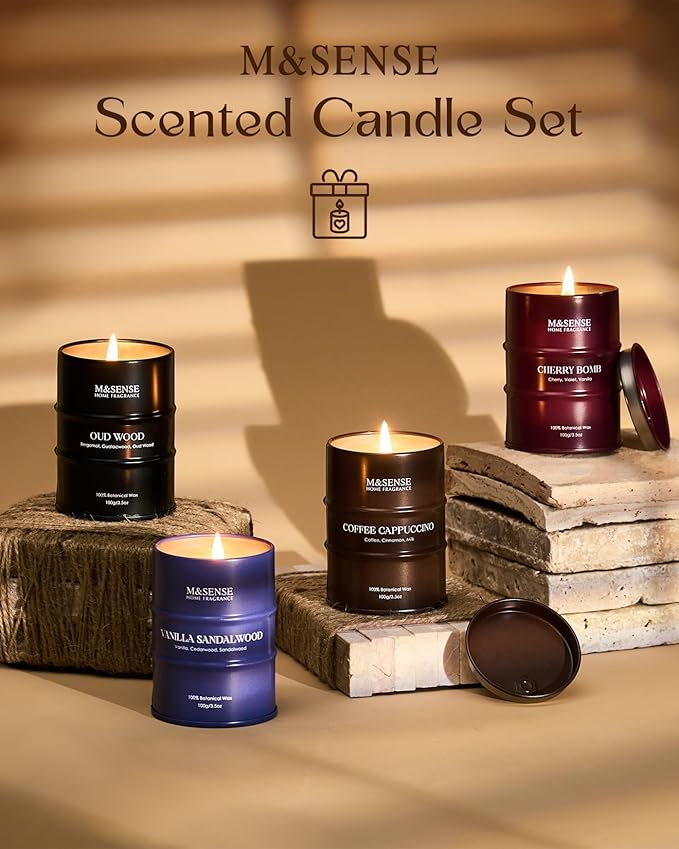 Mini Candle Set | Scented Candles Gift Set | 4 Pack Candles for Home Scented Candle,Cherry Vanilla Oud Sandalwood Coffee Candle,Gift Set for Women and Men,Soy Wax 14 oz 86 Hour
