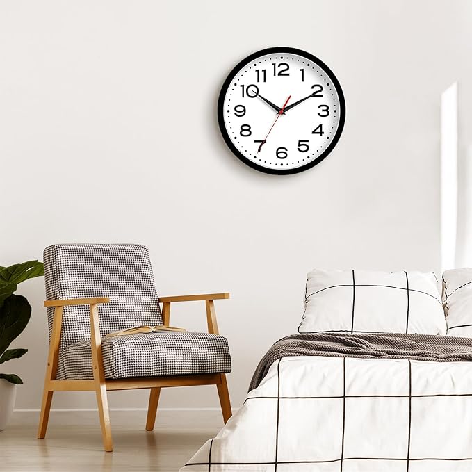 Wall Clock Silent Non-Ticking Modern Clock Battery Operated 8 Inch Small Classic Analog Decorative for Kitchen, Living Room, Office, Bedroom, Bathroom (Black)