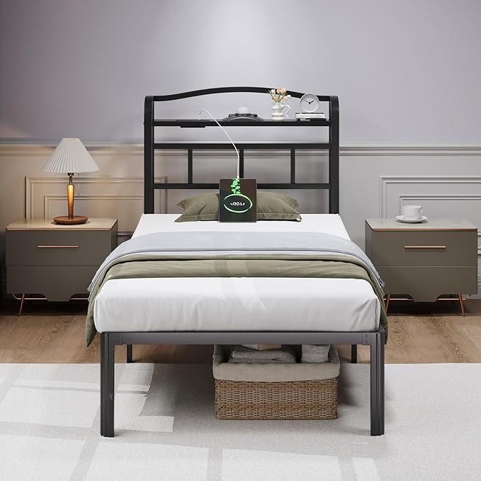 Twin Size Bed Frame - Storage Headboard with Charging Station & Galaxy Aurora Projector, 14 Inch Sturdy Metal Platform Bed Frame No Box Spring Needed, Easy Assembly, No Noise, Black