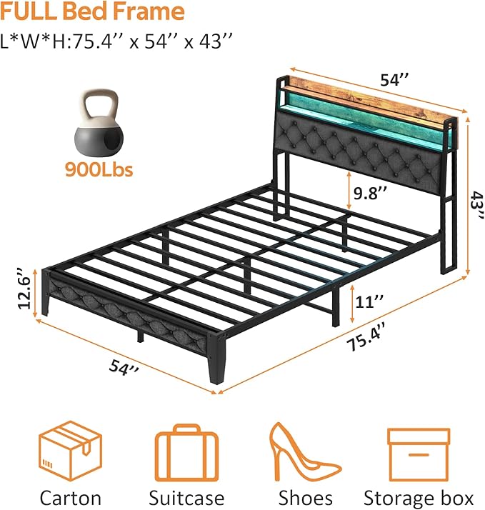 Winkalon Full Led Bed Frame with Headboard, Bed Frame with Charging Station, Metal Platform Bed Frame Full Size No Box Spring Needed, Modern Wood Upholstered Headboard and Under Bed Storage