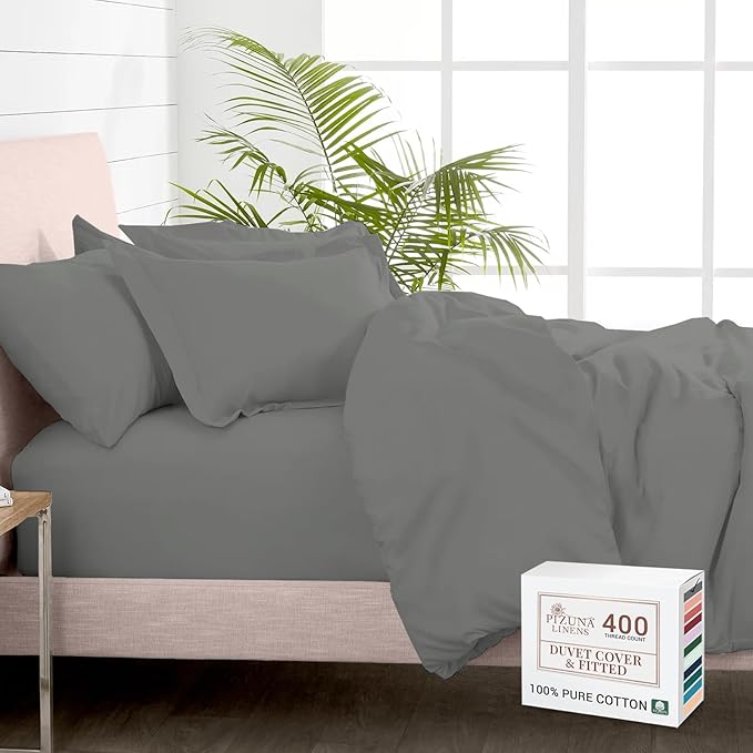 Pizuna 100% Cotton King 3 Pc Duvet Cover + 1 Pc Fitted Sheet Set 400 Thread Count Dark Grey Sateen Weave Luxurious Long Staple Cotton 4 Piece Bedding Set -1 Duvet Cover, 2 Pillow Shams, 1 Fitted Sheet