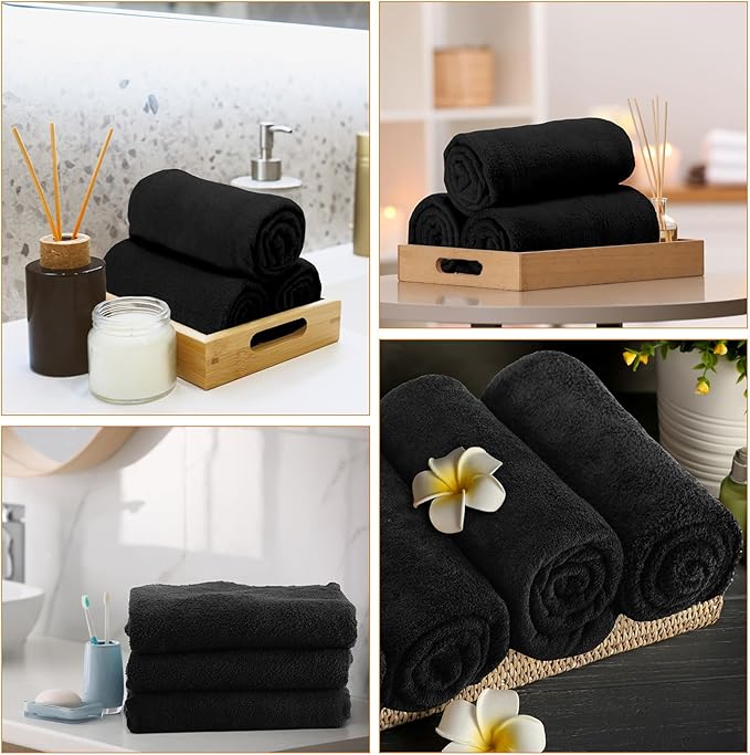 Newwiee 24 Pcs Coral Velvet Microfiber Bath Towels Sets 28 x 55 Inch Large Absorbent Multipurpose Quick Drying Soft Body Towels for Shower Bathroom Beach Fitness Yoga Sports Spa(Black)