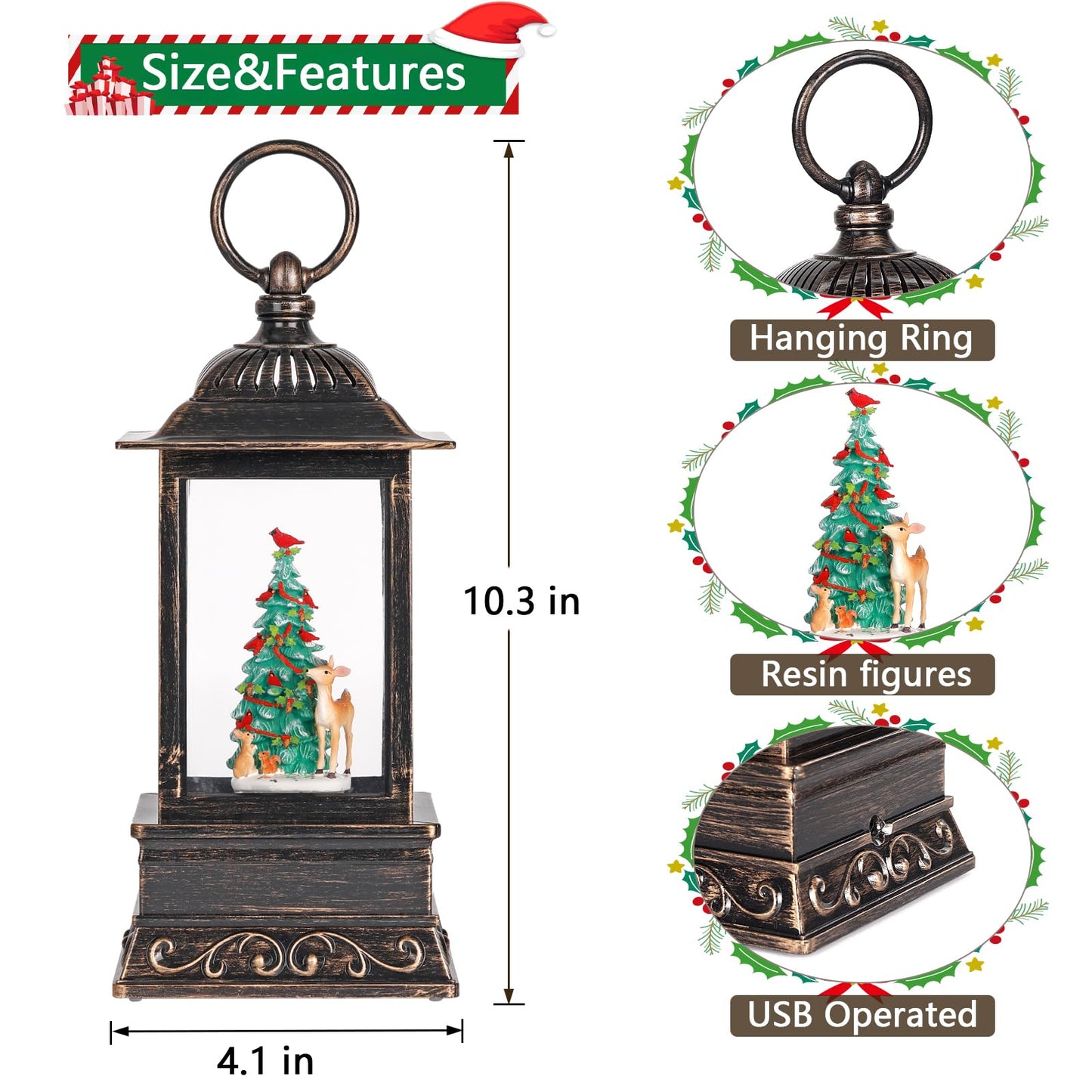 Christmas Snow Globe Decorations, Musical Glitter Christmas Tree Lantern with 6H Timer, USB/Battery Powered Lighted Décor for Home, Tabletop, Gift Box