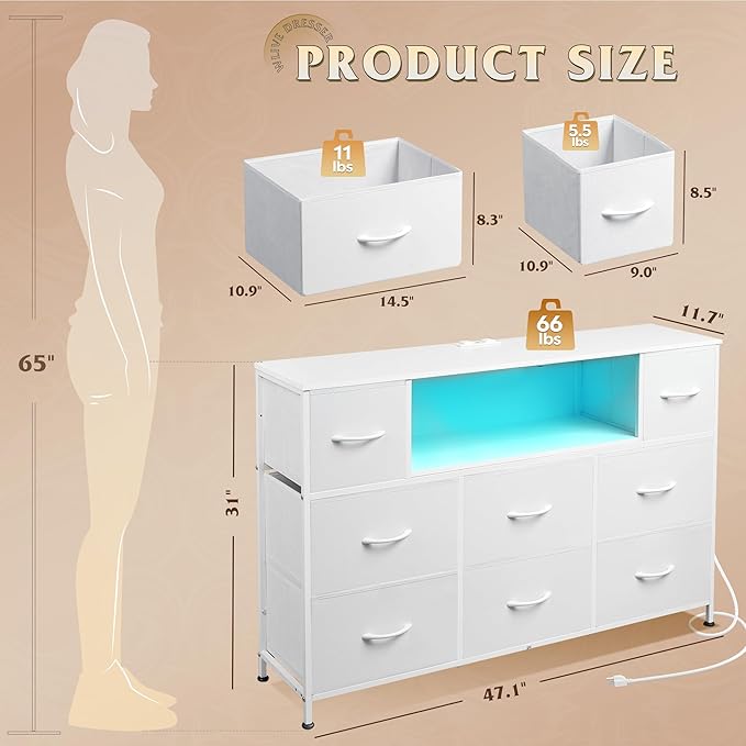 WLIVE White TV Stand for 45, 50, 55 inch TV, Entertainment Center with LED Lights & Charging Station, TV Media Console Table with 8 Fabric Drawers and Open Shelves for Living Room, Hallway, Wood Top