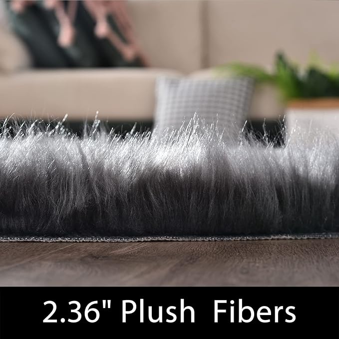 Latepis 4x6 Shag Dark Grey Faux Fur Sheepskin Rug Bedside Plush Rugs Washable Fluffy Rug for Bedroom Dorm Luxury Home Décor, Rectangle