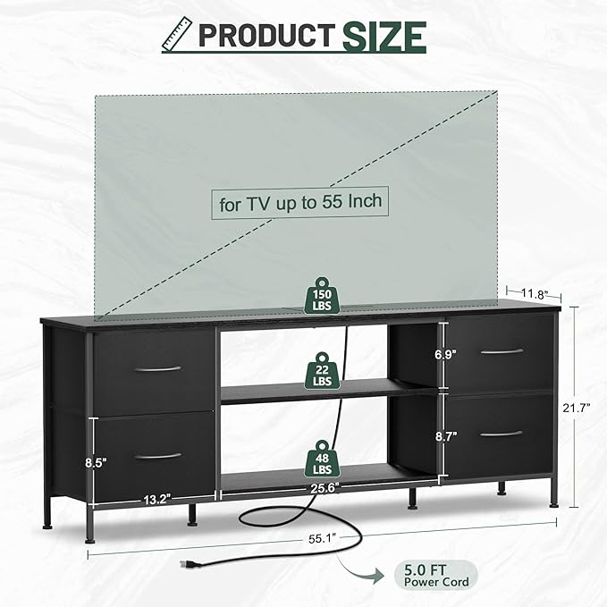 TV Stand for Bedroom, Television Stand for TV up to 55 Inch Entertainment Center Dresser with 4 Drawers Open Storage Shelves for Living Room, Entryway (Black and Charcoal Black)