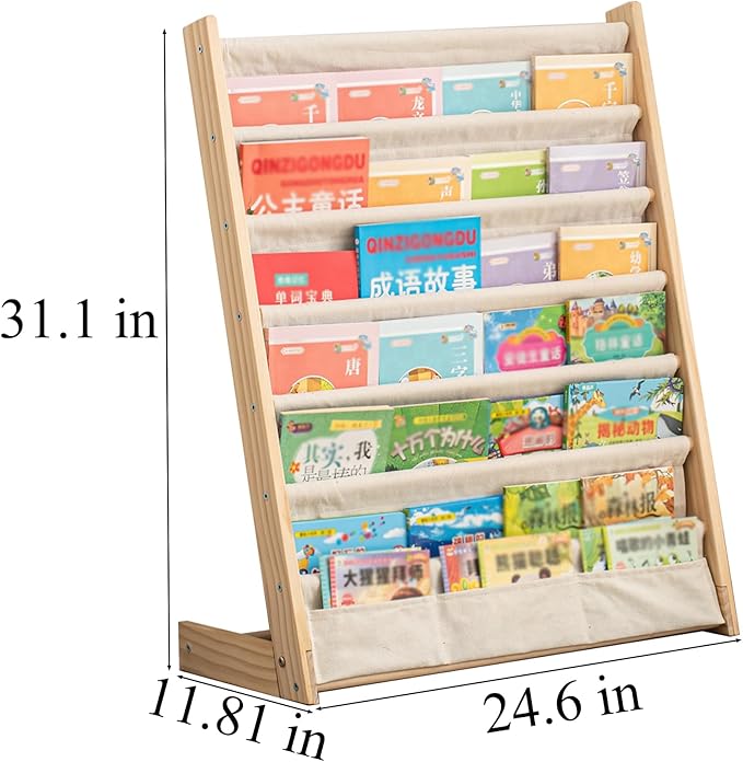 7 Tier Wooden Kids Bookshelf Book Holder Natural Wood Book Rack Storage Bookshelf for Kids Room Study Room Play Room Toy Storage Organizer (W: 24.6")