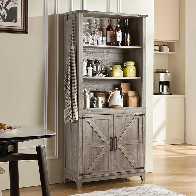 70in Tall Bookshelf 5 Tier Bookcase with Barn Doors and Adjustable Shelves, Grey Farmhouse Book Shelf with Storage Cabinet, Wood Freestanding Display Bookshelves for Bedroom, Living Room
