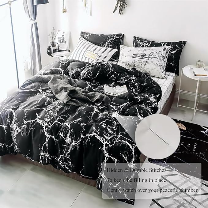 Black Marble Comforter Set King Size 3-Piece Bedding Set with 1 Soft Comforter and 2 Pillowcases Modern Luxury Style All Season for Cozy Sleep