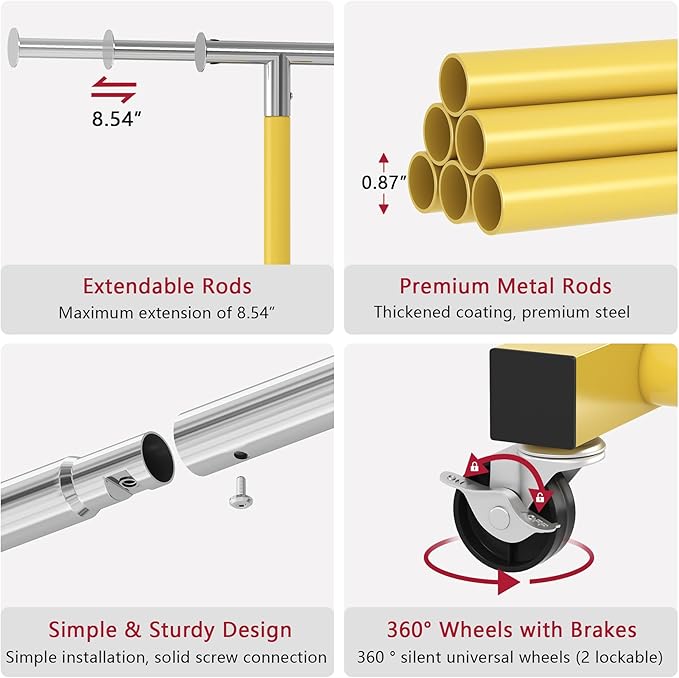 JIUYOTREE Rolling Clothes Rack with Dense Mesh Storage Shelf Clothing Garment Rack with Wheels Width Adjustable Clothing Organizer for Hanging Clothes Shirts Pants Skirts and Bags Gold