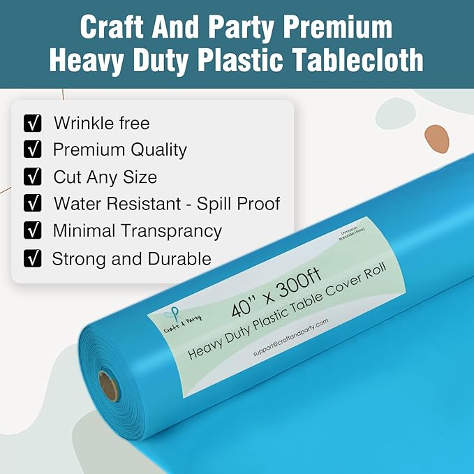 Craft And Party Turquoise Plastic Table Cover Roll, 40Inch X 300Feet Disposable Plastic Tablecloth, Banquet Rectangle Tablecover Roll