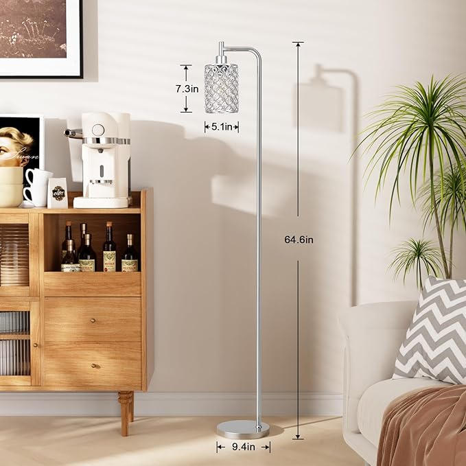 Crystal Floor Lamp - Industrial Modern Standing Lamps with LED Bulb for Living Room Bedroom Office - Silver
