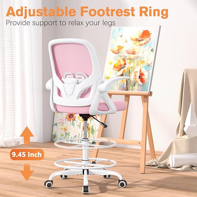 Tall Drafting Chair with Lumbar Support and Footrest Ring, Supportive Tall Extended Height Ergonomic Desk Chair for Home Work, Breathable Mesh Office Chair with Flip up Arms(Pink)