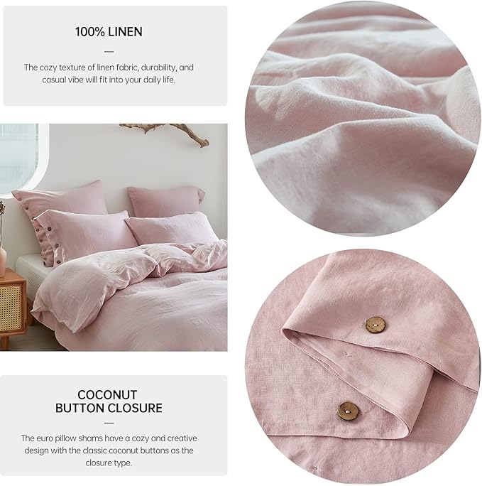 Simple&Opulence 100% Washed Linen Euro Sham Cover, 26 x 26 Inch, Decorative Bed Pillow Cover with Coconut Button, Solid Color Pillow Shams Set of 2 (Blush Pink)