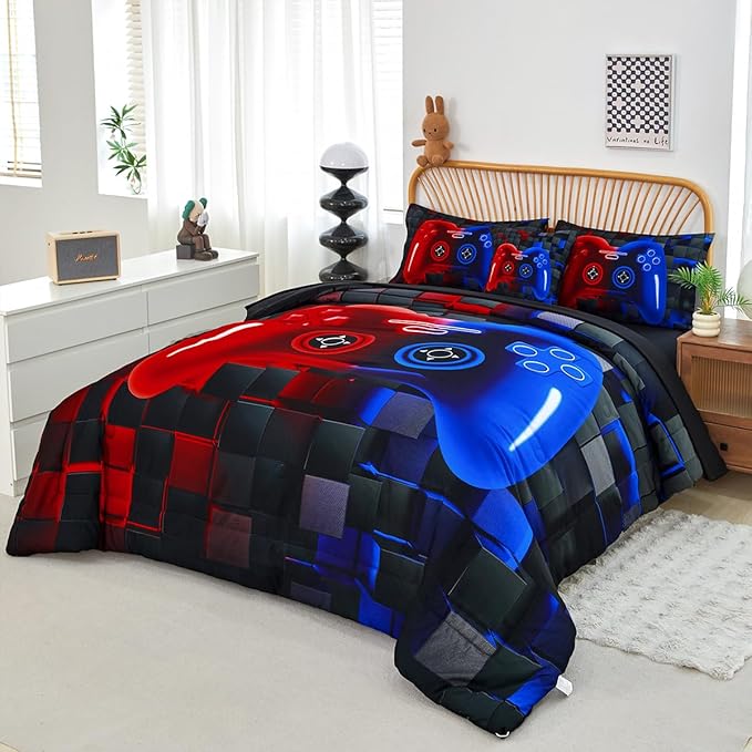 PERFEMET 6 Pieces Kids Comforter Sets Twin Size Red and Blue Game Console Bedding Set for Boys Girls Soft Fluffy 3D Cool Teen Gamer Bed in A Bag for All Seasons(Red Blue, Twin)