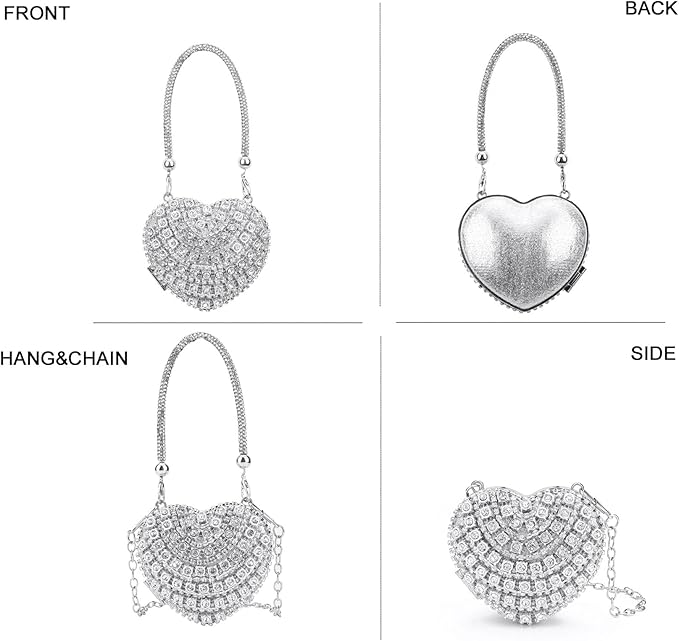 Ayliss Jewelry Trinket Box Heart Shaped Rhinestones Love Jewelry Gift Box Storage Organizer Ring/Earrings/Necklace Women Evening Clutch Rhinestone Purses (Silver)