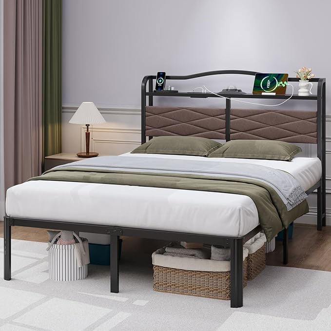 Queen Size Bed Frame - Storage Headboard with Charging Station & Galaxy Aurora Projector, 14 Inch Sturdy Metal Platform Bed Frame No Box Spring Needed, Easy Assembly, No Noise, Brown
