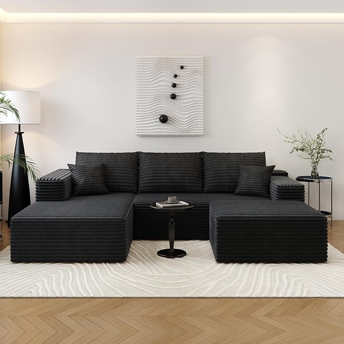 107.5" Cloud Sectional Couch with 1 Ottoman,Modern Modular Sofa with Deep Seat, Comfort U Shaped Sofa Couches for Living Room Bedroom Apartments,No Assembly Required, (Black,Left Facing Chaise)