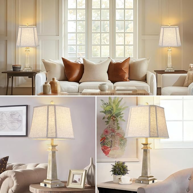 27.5" Table Lamp for Bedroom, 3-Way Dimmable Touch Lamp for Nightstand, Farmhouse Table Lamp for Living Room with USB A+C Charging Ports, Bulb Included (Antique White)