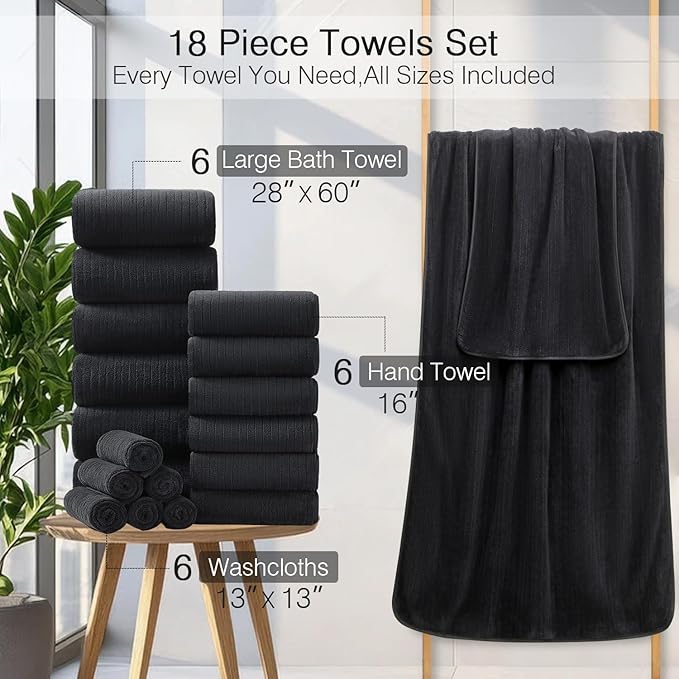 18 Piece Family Bath Towel Set Include 6 Bath Towels,6 Hand Towels and 6 Washcloths Soft Bathroom Towel with Hanging Loops,Highly Absorbent Quick Dry Towels Set for Bathroom,Hotel and Spa-Black