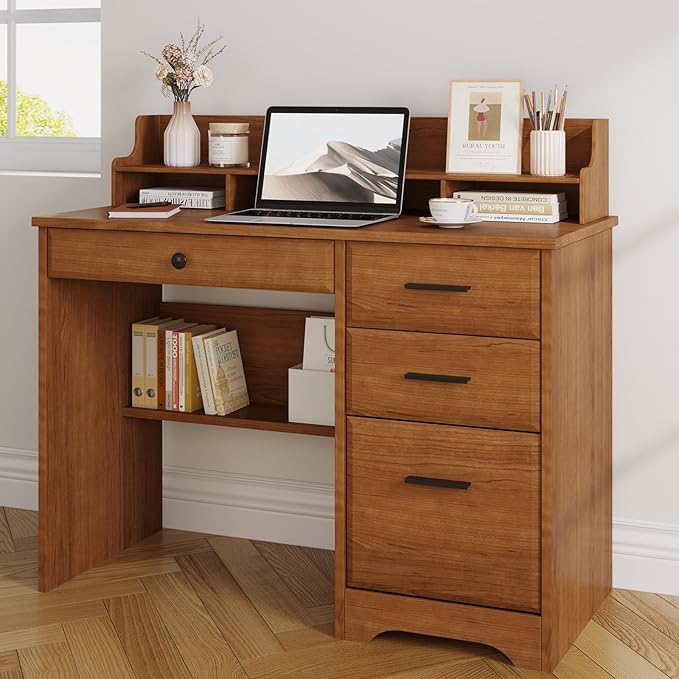 4 EVER WINNER Computer Desk with Drawers for Small Spaces, Home Office Desks with File Cabinet & Monitor Stand, Wood Desk Writing Study Table for Bedroom, Brown