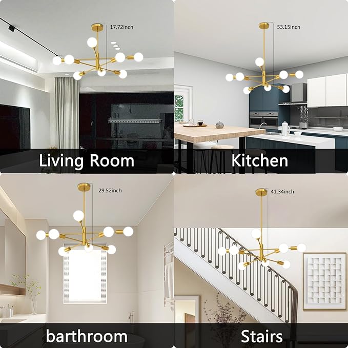 Modern Chandelier Ceiling Light Fixture, 53InchH Sputnik Chandeliers for Dining Room Hanging Light Fixtures Over Table Height Adjustable for Bedroom Kitchen Island Foyer 8-Light Gold