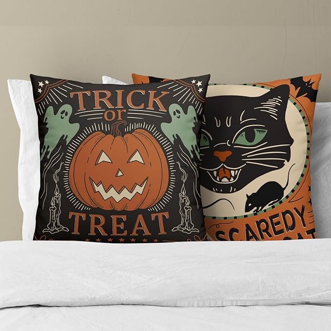 Kawani Halloween Pillow Covers 18x18 Set of 2 Vintage Halloween Decorative Scaredy Cats Pumpkins Trick Or Treat Throw Pillow Covers Farmhouse Pillowcases Cotton Cushion Cover Couch Bed Sofa Chair BZ