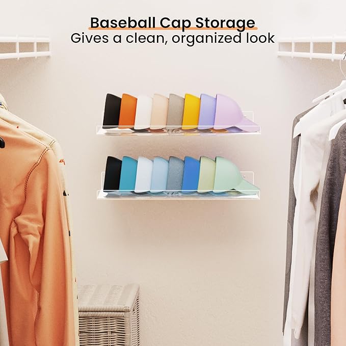upsimples 2-Pack Acrylic Floating Hat Shelves, Wall-Mounted Hat Holder Fits up to 40 Hats - Hat Organizer for Baseball Cap Storage in Closet, Bedroom, Entryway, and Laundry Room