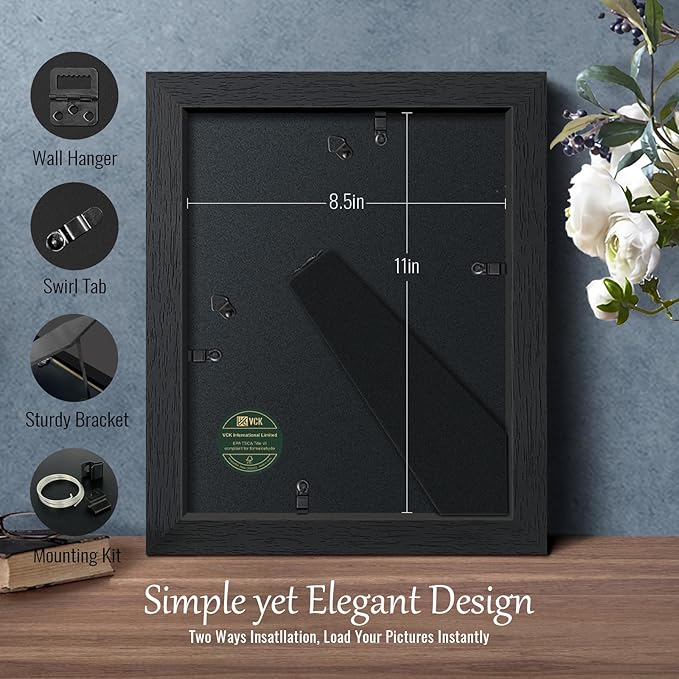 VCK 8.5x11 Picture Frame Set of 4 - Black, Gallery-Quality Wood Poster Frames, 1.1-Inch Wide Border, Polished Plexiglass, Vertical or Horizontal Wall & Tabletop Display for Photo/Art/Prints, Black