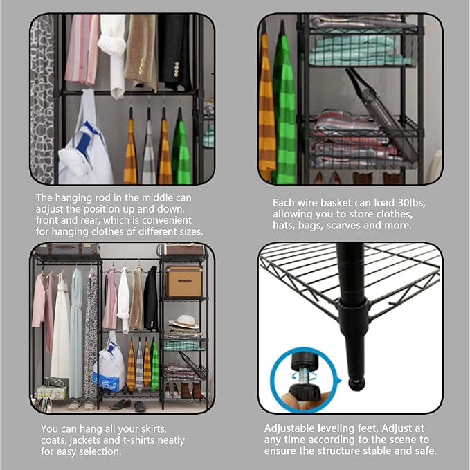 Xiofio 6 Tiers Heavy Duty Garment Rack,Metal Clothing Rack,Clothing Storage Rack,Closet Organizer System Freestanding & Adjustable Wardrobe 60.7" L x 15.7" W x 70.5" H Max Load 720LBS Black