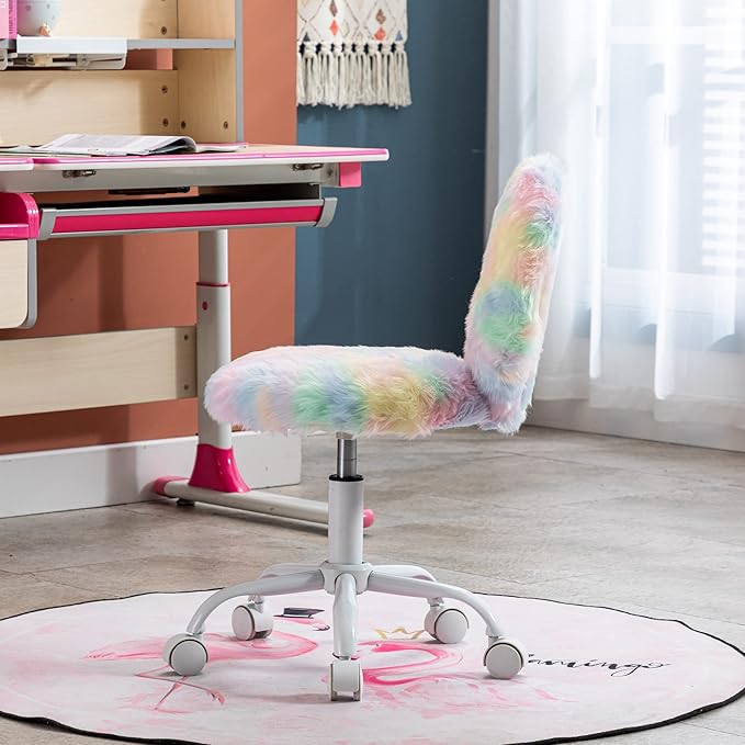 Cute Fuzzy Kids Chair Comfy Study Desk Chair Furry Studing Computer Task Chairs Faux Fur Swivel Vanity Chairs for Girls Bedroom, Multi-Color