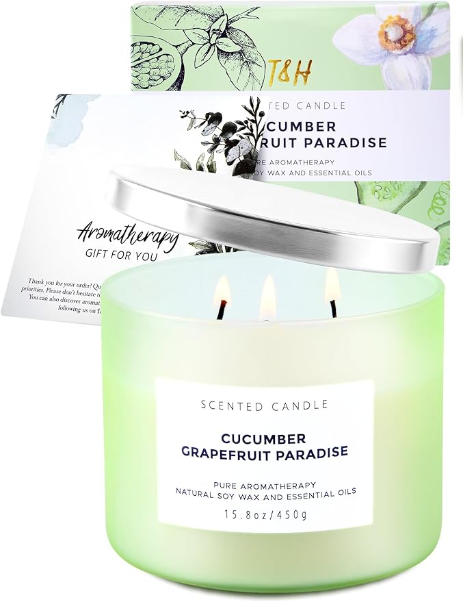 Cucumber Grapefruit Paradise 3-Wick Scented Candle | Large Soy Candle for Home 15.8 oz | Fresh Fruity Citrus Summer Aromatherapy Candle, Long Lasting Stress Relief & Relaxation Candles for Men & Women