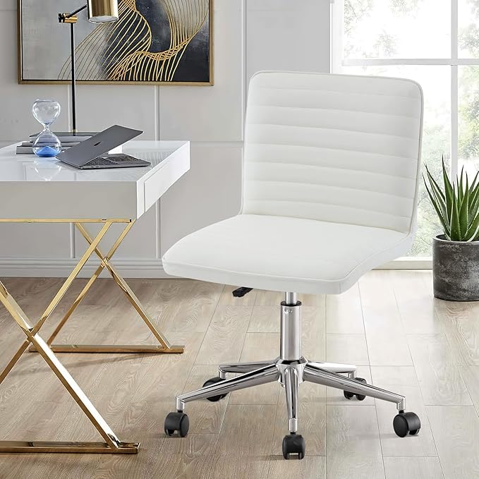 Furniliving PU Leather Home Office Chair, Armless Computer Desk Chair with 360° Swivel Wheels Adjustable Height Comfy Chrome Legs for Living Room Bedroom, Vanity, Office, Ivory White