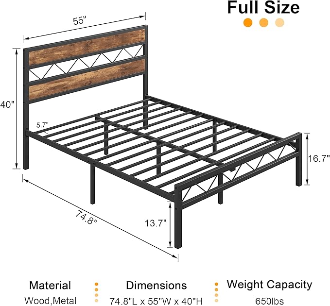 VECELO Full Size Bed Frame with Headboard, Heavy-Duty Platform Bedframe with Metal Slats Support, No Box Spring Needed, Easy Assembly, Black & Brown