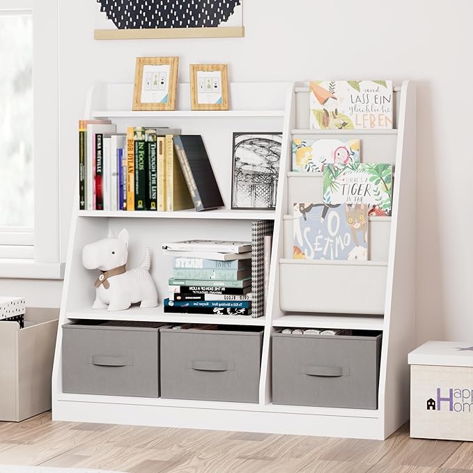 White Kids Bookshelf Wood Montessori Toy Storage Organizer Cabinet Shelf Child Bookcase Toddler Baby Sling Book Rack 3 Cube Bin Fabric Drawers for Playroom Bedroom Nursery School