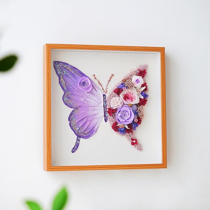 Handmade Butterfly Wall Art with Preserved Roses, 12x12 Shadow Box Frame Gifts, Unique Birthday & Anniversary Present for Women Mom Wife Girlfriend Daughter