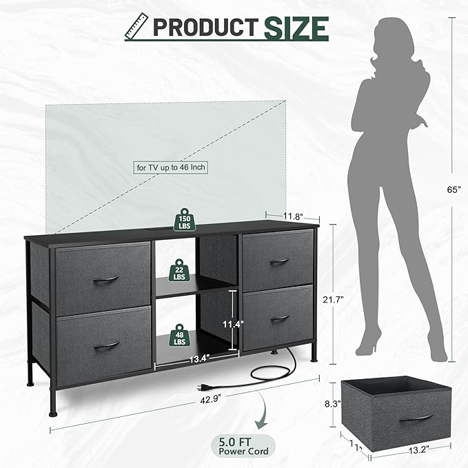 TV Stand for Bedroom, Television Stand for TV up to 46 Inch Entertainment Center Dresser with 4 Drawers Open Storage Shelves for Living Room, Entryway (Grey and Charcoal Black)